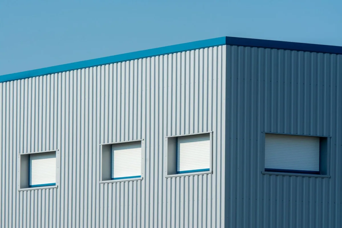 Bâtiment industriel habillé de panneaux sandwich métalliques à parements d'acier nervurés